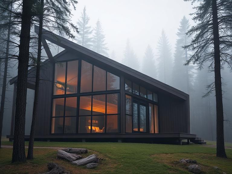 Modern alpine cabin among misty pines