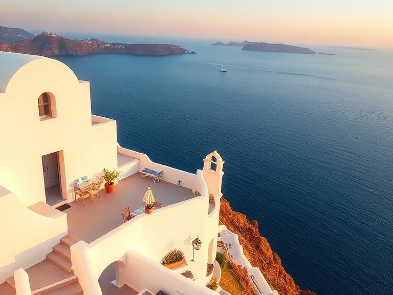 Whitewashed cliff house terrace overlooking the sea