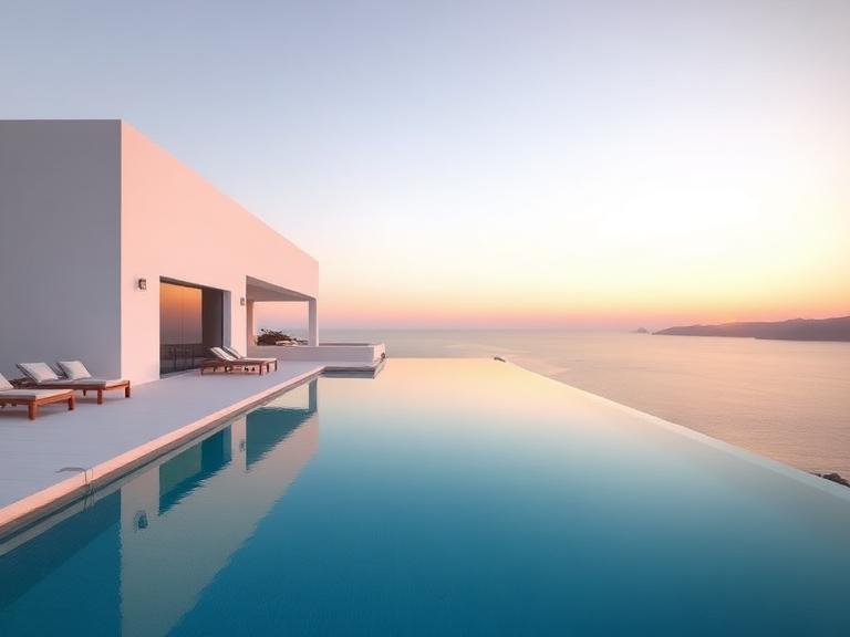 Coastal villa with infinity pool at dusk